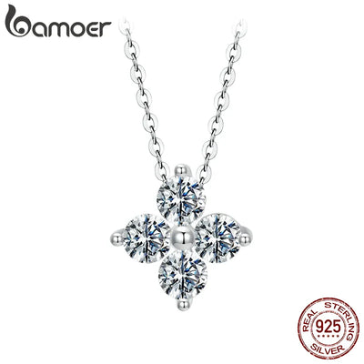 BAMOER Shiny Moissanite Flower Pendant Necklace For Women Wedding Party S925 Silver with White Gold Plating Jewelry MSN038