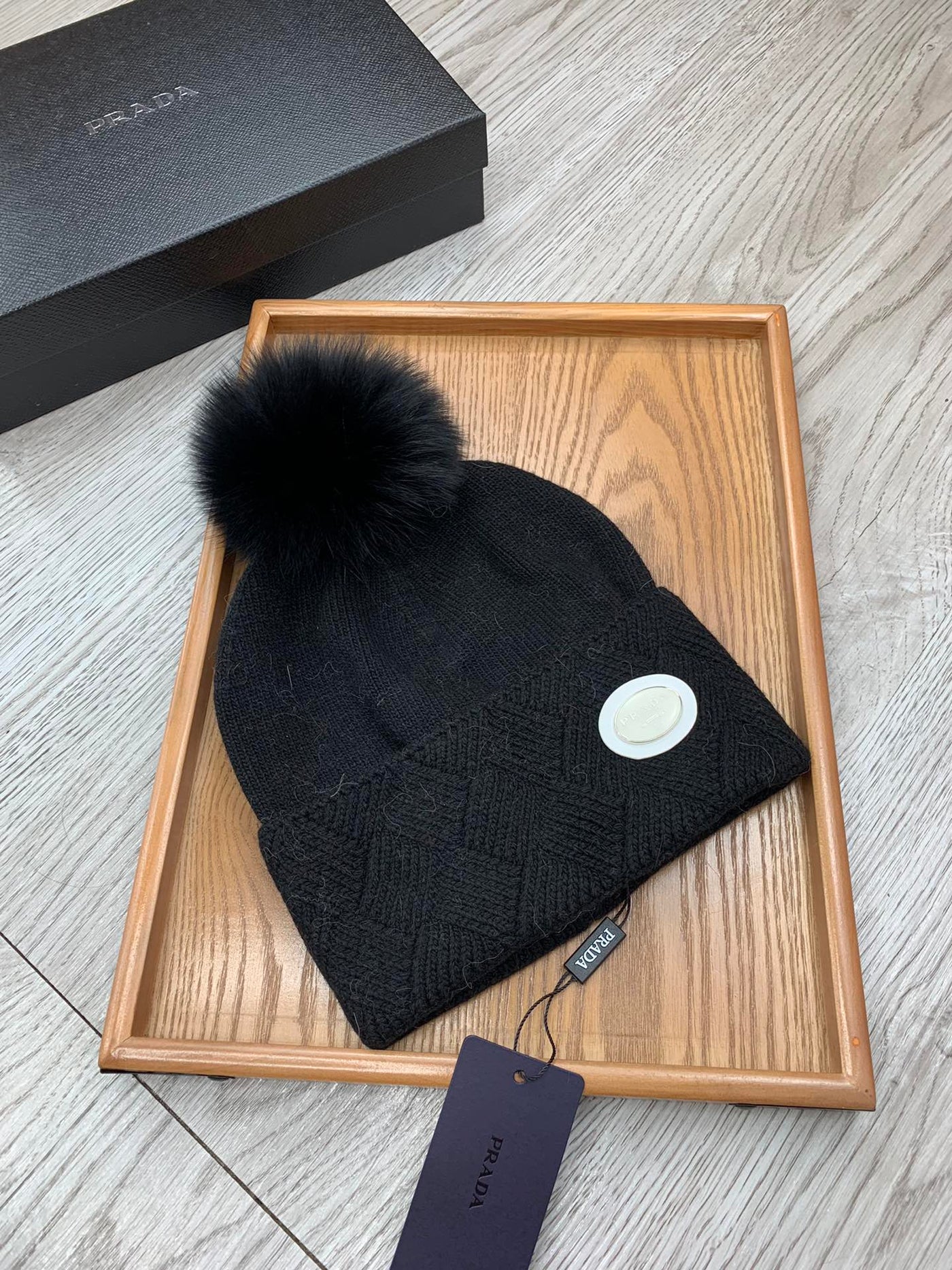 BEANIE HAT IN BLACK WOOL AND RABBIT FUR 346717