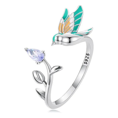 Bamoer Original 925 Sterling Silver Sunflower Ring Kingfisher Opening Rings Forest Leaf Bird For Women Party Gifts Fine Jewelry