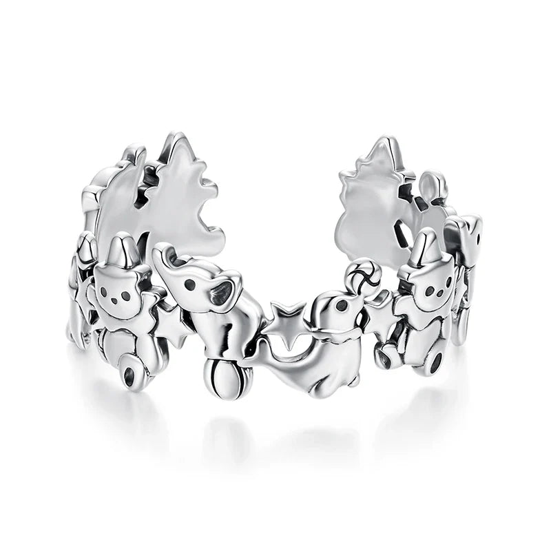 BAMOER Solid 925 Sterling Silver Cute Elephant Dolphin Ring for Women, Funny Open Circus Animal Ring SCR1130