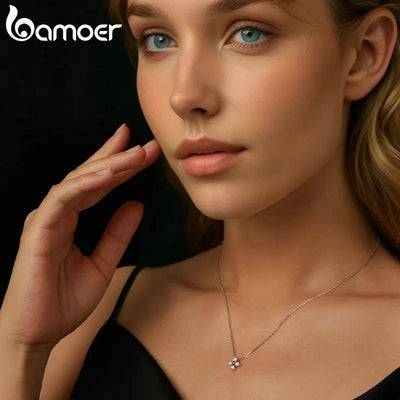 BAMOER Shiny Moissanite Flower Pendant Necklace For Women Wedding Party S925 Silver with White Gold Plating Jewelry MSN038