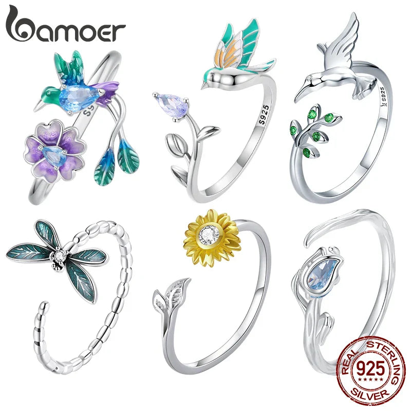 Bamoer Original 925 Sterling Silver Sunflower Ring Kingfisher Opening Rings Forest Leaf Bird For Women Party Gifts Fine Jewelry