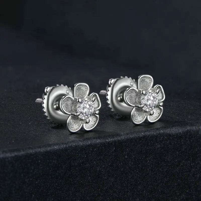 Bamoer U 0.1CT Moissanite Sakura Stud Earrings Blooming Flower Ear Studs Diamond Test Delicate Engagement Jewelry Gift for Women