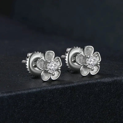 Bamoer U 0.1CT Moissanite Sakura Stud Earrings Blooming Flower Ear Studs Diamond Test Delicate Engagement Jewelry Gift for Women