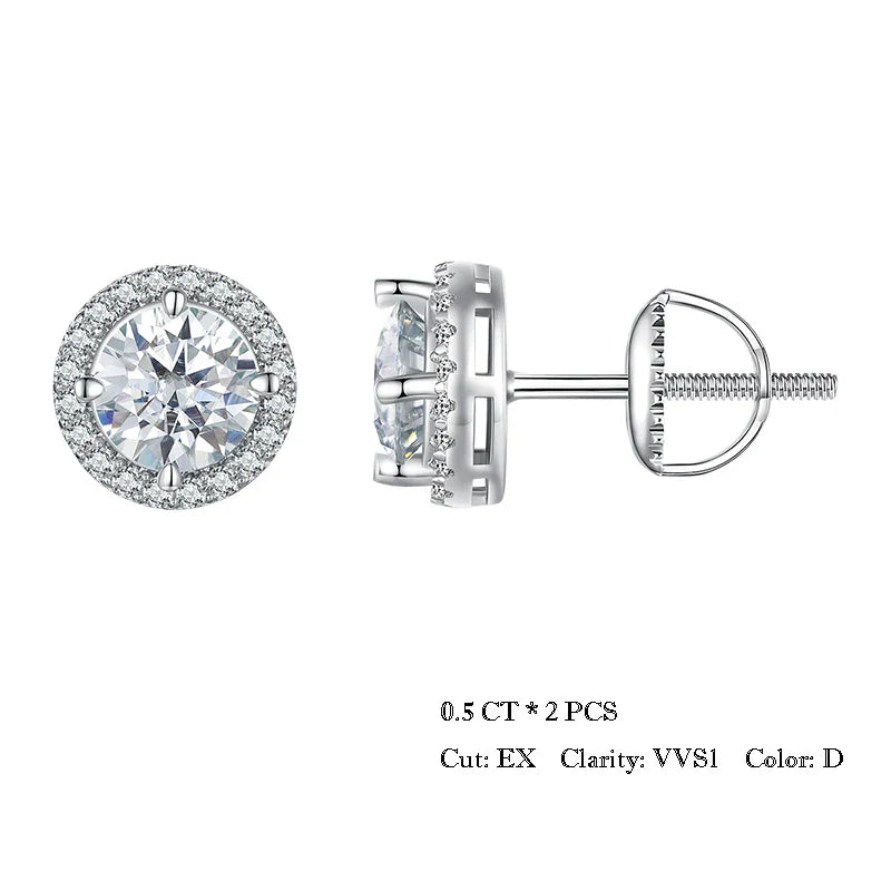 Bamoer U 0.5/1CT Moissanite Halo Earrings 925 Sterling Silver 4 Prongs Ear Stud Round Cut for Women Engagement Gift Fine Jewelry