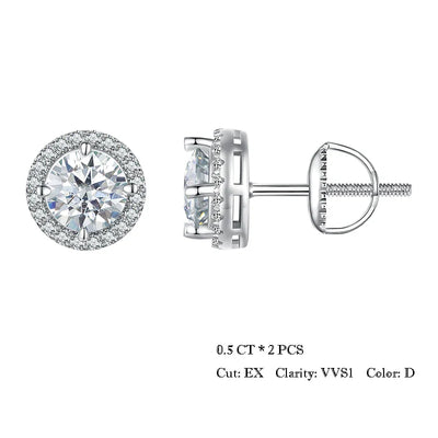 Bamoer U 0.5/1CT Moissanite Halo Earrings 925 Sterling Silver 4 Prongs Ear Stud Round Cut for Women Engagement Gift Fine Jewelry
