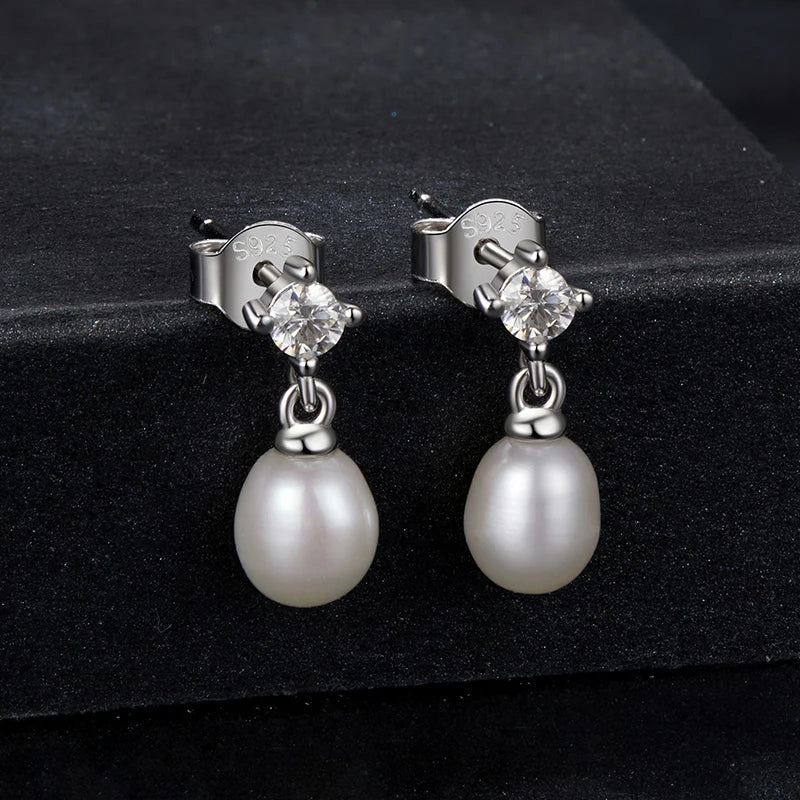 Bamoer U Moissanite Stud Earrings Natural Freshwater Pearl Drop Earring 925 Sterling Silver Original Jewelry for Women Xmas Gift