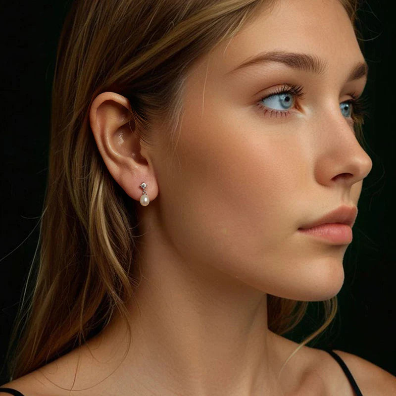 Bamoer U Moissanite Stud Earrings Natural Freshwater Pearl Drop Earring 925 Sterling Silver Original Jewelry for Women Xmas Gift