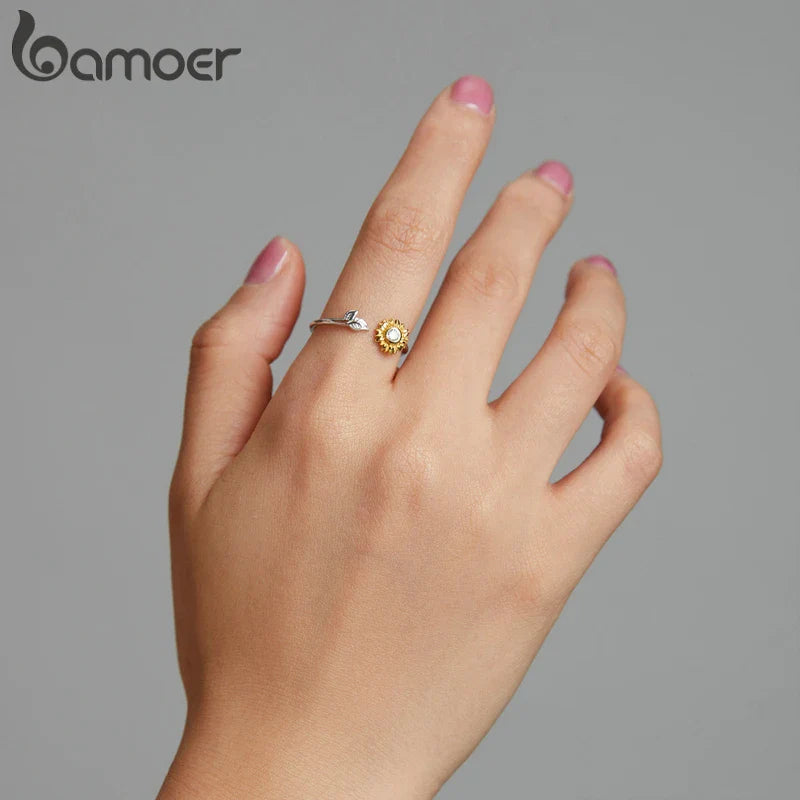 Bamoer Original 925 Sterling Silver Sunflower Ring Kingfisher Opening Rings Forest Leaf Bird For Women Party Gifts Fine Jewelry