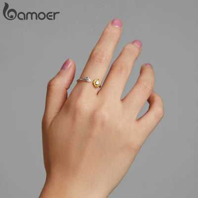 Bamoer Original 925 Sterling Silver Sunflower Ring Kingfisher Opening Rings Forest Leaf Bird For Women Party Gifts Fine Jewelry