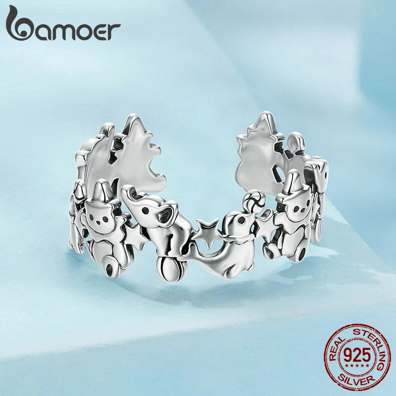 BAMOER Solid 925 Sterling Silver Cute Elephant Dolphin Ring for Women, Funny Open Circus Animal Ring SCR1130