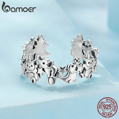 BAMOER Solid 925 Sterling Silver Cute Elephant Dolphin Ring for Women, Funny Open Circus Animal Ring SCR1130