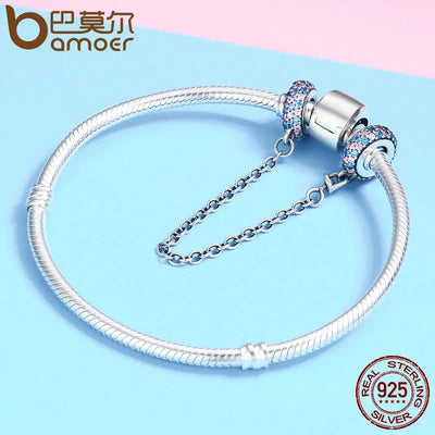 BAMOER Real 100% 925 Sterling Silver Pink and Blue CZ Round Safety Chain Charm Fit Charm Bracelet DIY Jewelry Making SCC379