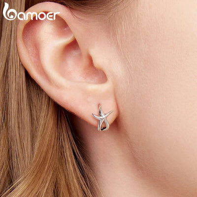 BAMOER Solid 925 Sterling Silver Starfish Hoop Earrings for Women Teens Starfish Small Hoop Earrings Huggie Small Beach Earrings