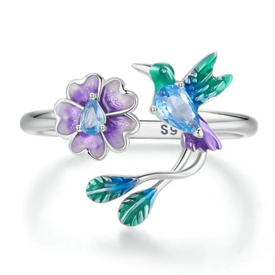 Bamoer Original 925 Sterling Silver Sunflower Ring Kingfisher Opening Rings Forest Leaf Bird For Women Party Gifts Fine Jewelry