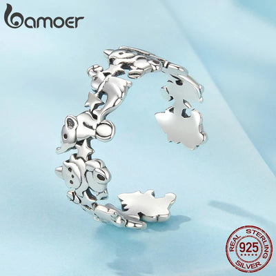 BAMOER Solid 925 Sterling Silver Cute Elephant Dolphin Ring for Women, Funny Open Circus Animal Ring SCR1130