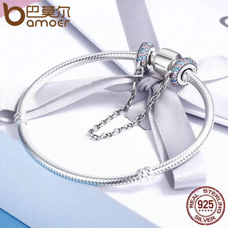 BAMOER Real 100% 925 Sterling Silver Pink and Blue CZ Round Safety Chain Charm Fit Charm Bracelet DIY Jewelry Making SCC379