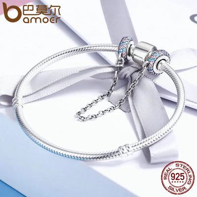 BAMOER Real 100% 925 Sterling Silver Pink and Blue CZ Round Safety Chain Charm Fit Charm Bracelet DIY Jewelry Making SCC379