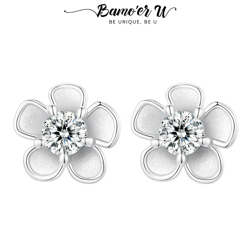Bamoer U 0.1CT Moissanite Sakura Stud Earrings Blooming Flower Ear Studs Diamond Test Delicate Engagement Jewelry Gift for Women