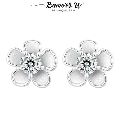 Bamoer U 0.1CT Moissanite Sakura Stud Earrings Blooming Flower Ear Studs Diamond Test Delicate Engagement Jewelry Gift for Women