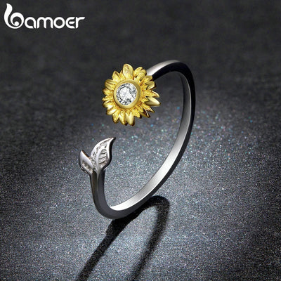 Bamoer Original 925 Sterling Silver Sunflower Ring Kingfisher Opening Rings Forest Leaf Bird For Women Party Gifts Fine Jewelry