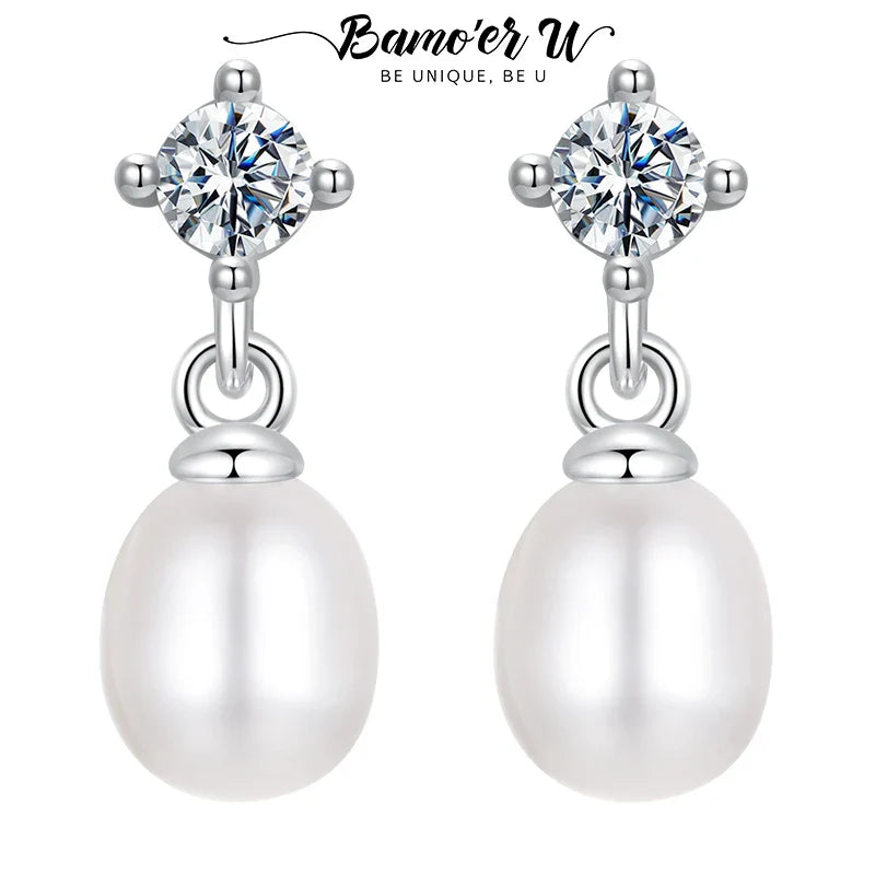 Bamoer U Moissanite Stud Earrings Natural Freshwater Pearl Drop Earring 925 Sterling Silver Original Jewelry for Women Xmas Gift