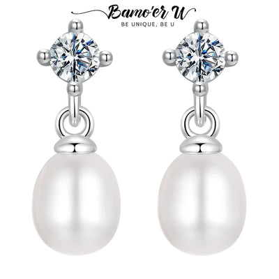 Bamoer U Moissanite Stud Earrings Natural Freshwater Pearl Drop Earring 925 Sterling Silver Original Jewelry for Women Xmas Gift