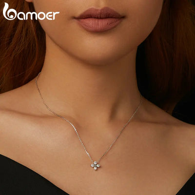 BAMOER Shiny Moissanite Flower Pendant Necklace For Women Wedding Party S925 Silver with White Gold Plating Jewelry MSN038