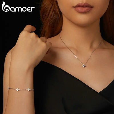 BAMOER Shiny Moissanite Flower Pendant Necklace For Women Wedding Party S925 Silver with White Gold Plating Jewelry MSN038