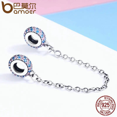BAMOER Real 100% 925 Sterling Silver Pink and Blue CZ Round Safety Chain Charm Fit Charm Bracelet DIY Jewelry Making SCC379