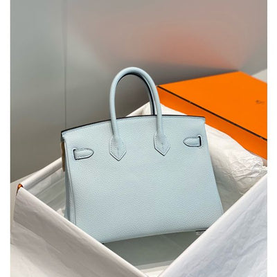 HERM Birkin 25cm Bag In Blue Brume Clemence Leather PHW
