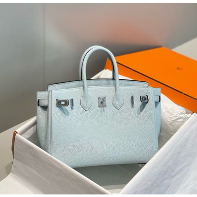 HERM Birkin 25cm Bag In Blue Brume Clemence Leather PHW