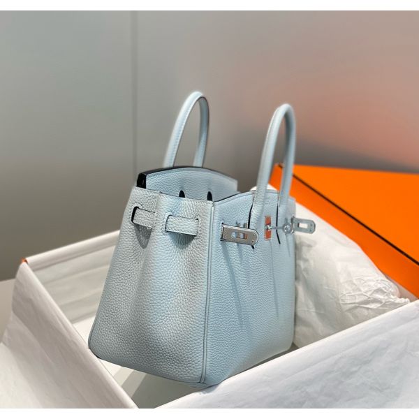 HERM Birkin 25cm Bag In Blue Brume Clemence Leather PHW