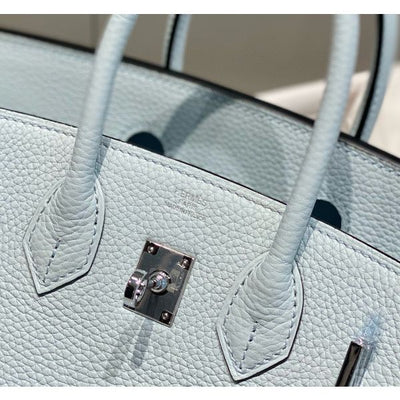 HERM Birkin 25cm Bag In Blue Brume Clemence Leather PHW