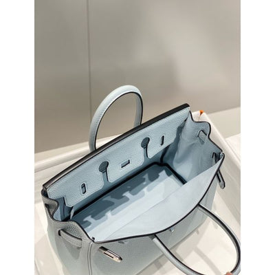 HERM Birkin 25cm Bag In Blue Brume Clemence Leather PHW