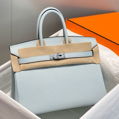 HERM Birkin 25cm Bag In Blue Brume Clemence Leather PHW