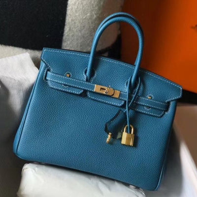 HERM Birkin 25cm Bag In Blue Jean Clemence Leather GHW