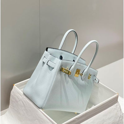 HERM Birkin 30cm Bag In Blue Brume Clemence Leather GHW