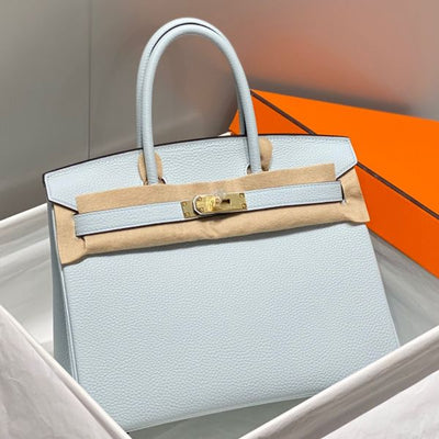 HERM Birkin 30cm Bag In Blue Brume Clemence Leather GHW