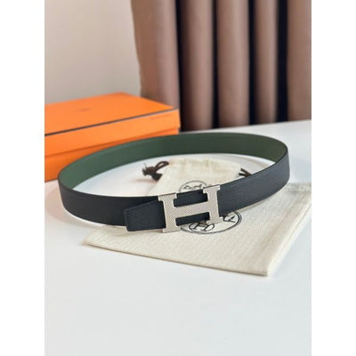 HERM H Guillochee Reversible Belt 32MM in Green and Black Epsom Calfskin