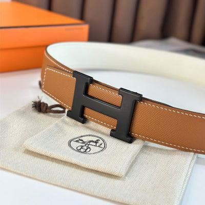 HERM H Reversible 38MM Belt with matte Buckle in White and Gold Epsom Leather