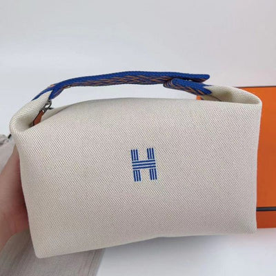 HERM Bride-a-Brac Large Case in Ecru Canvas with Blue Zigzag Motifs
