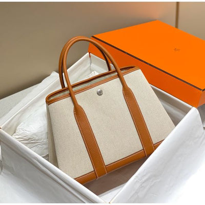 HERM Garden Party 30cm Bag in Toile and Gold Leather