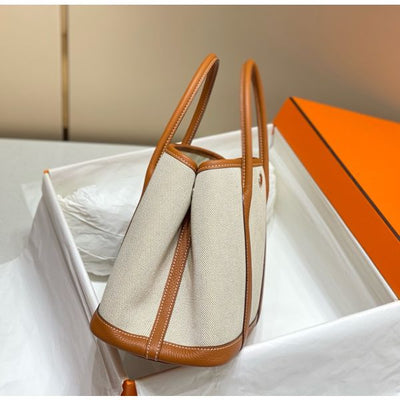 HERM Garden Party 30cm Bag in Toile and Gold Leather