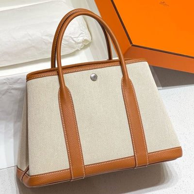 HERM Garden Party 30cm Bag in Toile and Gold Leather