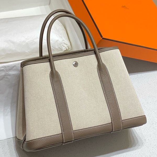 HERM Garden Party 30cm Bag in Toile and Taupe Leather