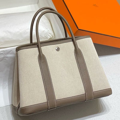 HERM Garden Party 30cm Bag in Toile and Taupe Leather