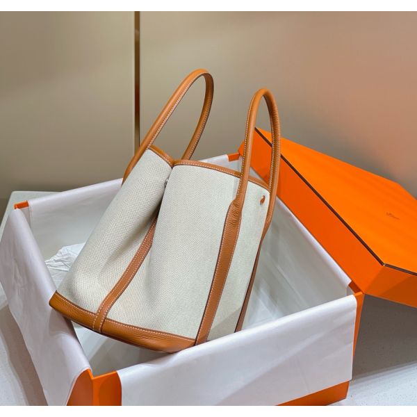 HERM Garden Party 36cm Bag in Toile and Gold Leather