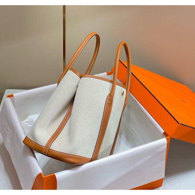 HERM Garden Party 36cm Bag in Toile and Gold Leather