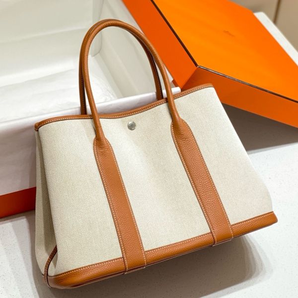 HERM Garden Party 36cm Bag in Toile and Gold Leather
